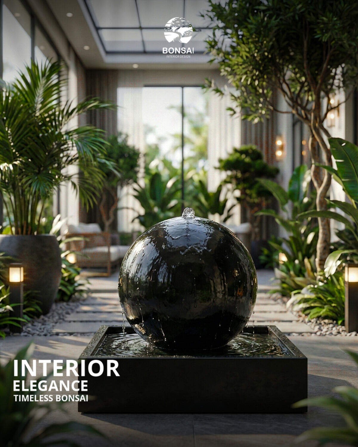 Indoor courtyard water feature with plants