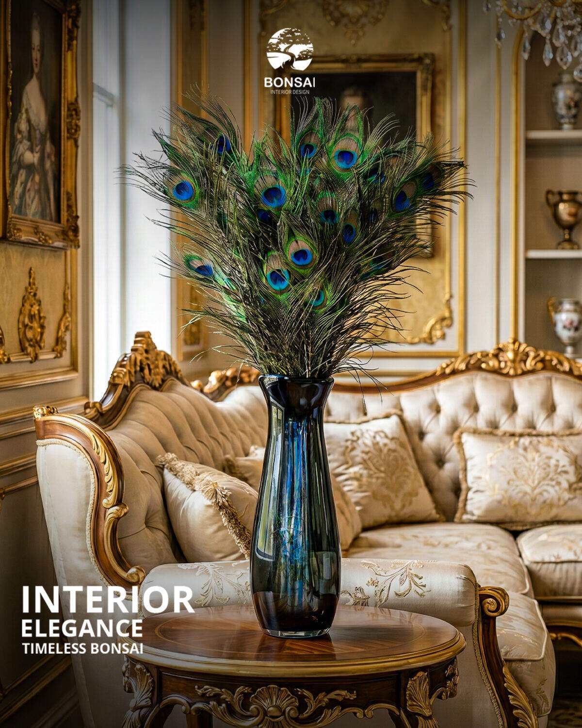 Decorative peacock feather arrangement